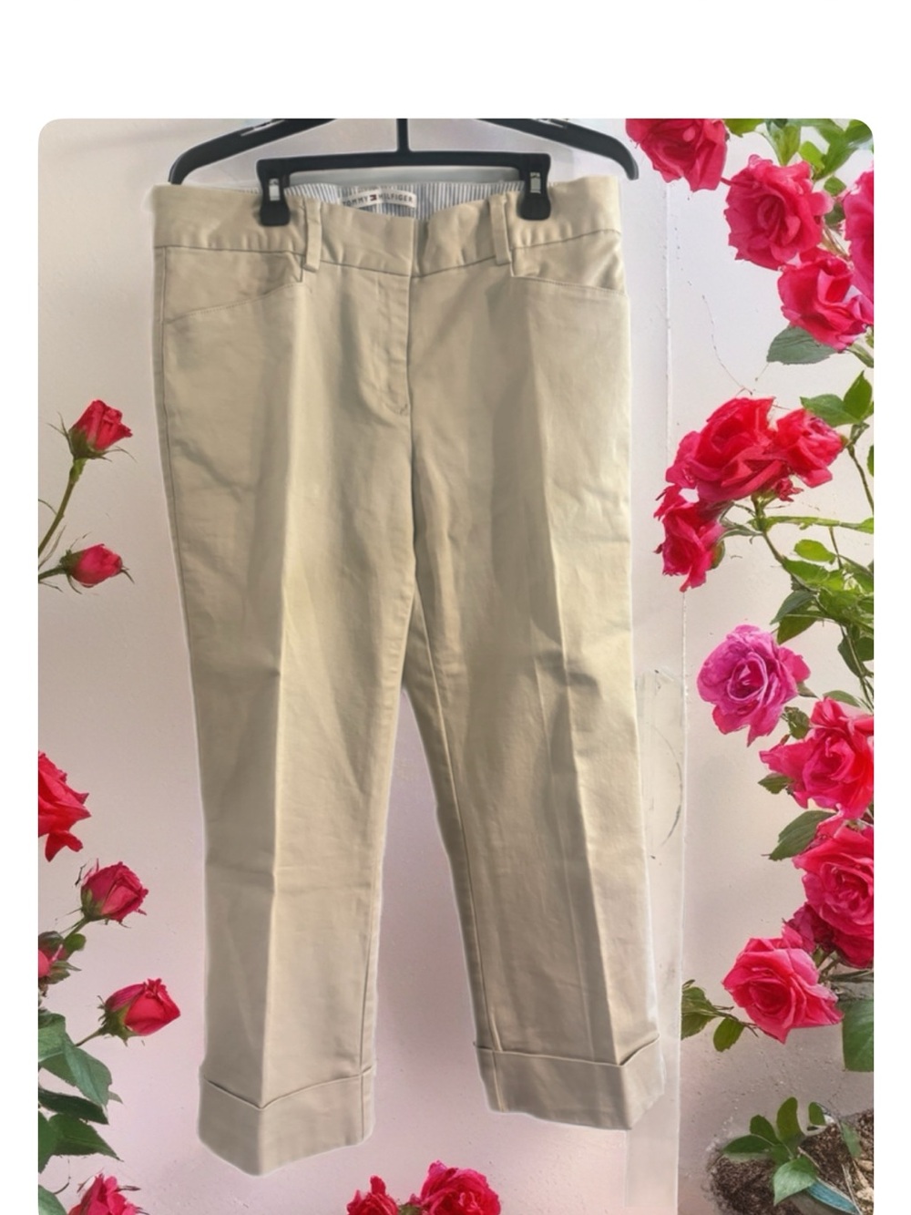 Tommy Hilfiger Beige Pants with Blue Stripe Waistband Detail